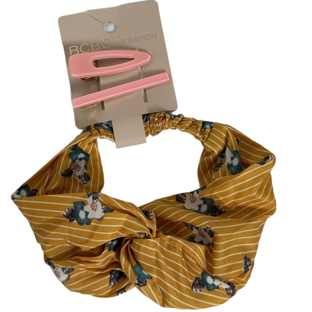 NWT BCBGeneration Floral Striped Yellow Knot Front Boho Headband Scarf New Tags